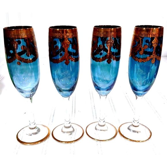 GlassOfVenice Murano Glass Champagne Flutes 24K Gold Leaf - Blue Set 4 Vintage - Picture 3 of 16